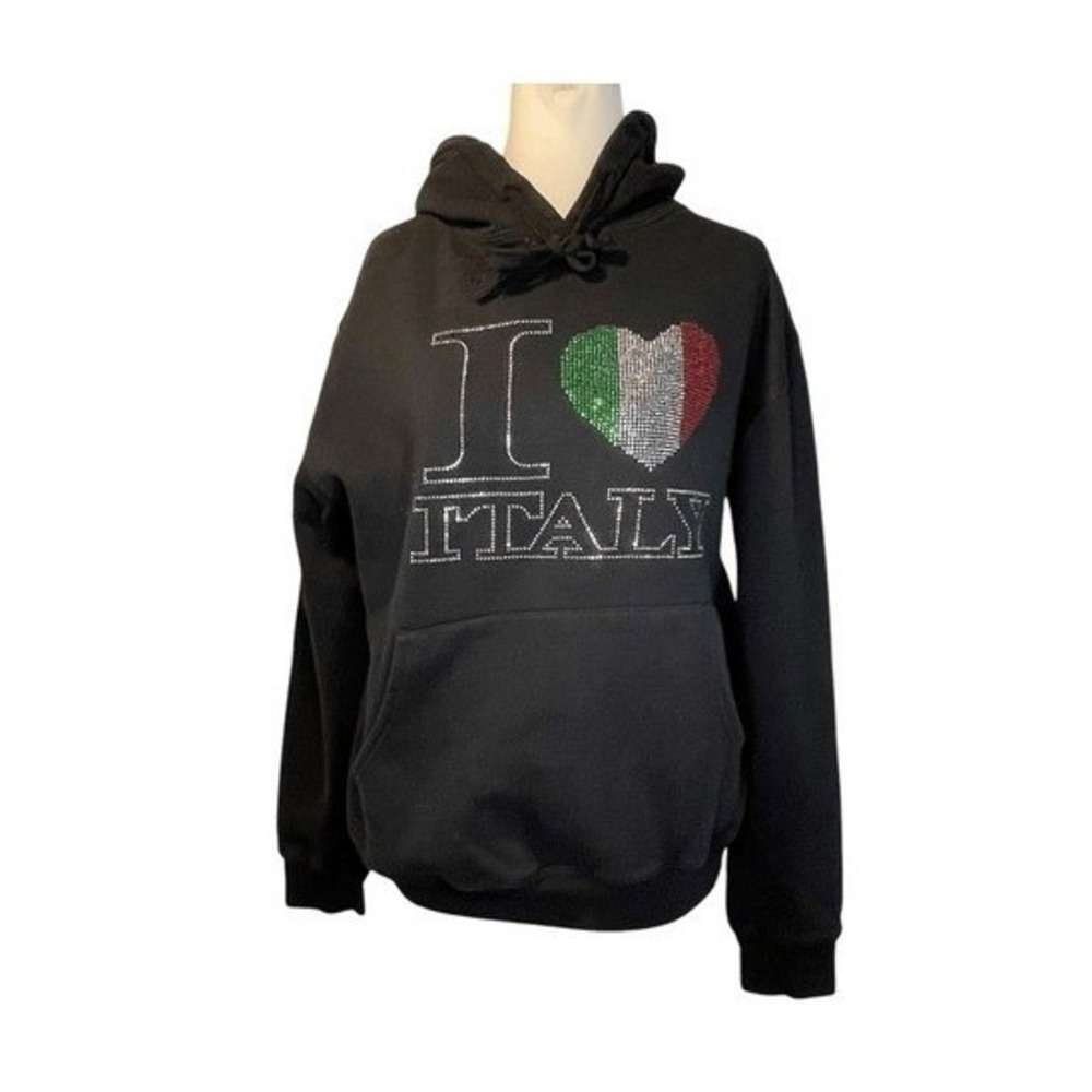 I Love Italy Studded Hoodie Sweatshirt Black Red Green‎ Fleece XL